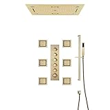 HIDEEP Duschsystem mit Thermostat, Musik Duschsystem Unterputz 64 Farben LED Duschset Gebürstetes Gold Dusche Regendusche Set mit 700 * 405 mm 3 Funktionen Duschkopf, 6pcs Massage Seite Spray