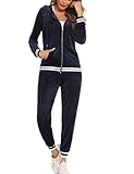 Enjyam Damen Velours Trainingsanzug Kuschelig Nicki Hausanzug 2 Teiliger Jogginganzug Zip Jacke und Jogginghose mit Tasche Navyblau,S