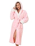 UMIPUBO Bademantel Damen Flauschig, Fleece Morgenmantel Damen Lang Weicher und Bequemer Bademantel mit Kapuze S-XL, Winter Dicke Bademäntel Geschenke für Frauen(Rosa,M)