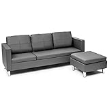 RELAX4LIFE 3-Sitzer Sofa mit Beweglicher Ottomane, Ecksofa mit 3 Kissen & Metallfüßen, Polstersofa in L-Form aus PU-Leder & Massivholz, Eckcouch für Zuhause & Büro, 180 x 60 x 60 cm, Grau