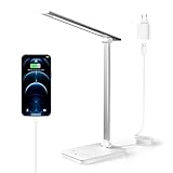 Schreibtischlampe LED Dimmbar, Tageslichtlampe schreibtisch mit 5 Lichtfarben,10 Helligkeitsstufen Augenfreundliche 10W Tischlampe Bürolampe USB-Anschluss für Aufladung des Smartphones