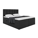 MEBLINI Boxspringbett mit Bettkasten - Gepolstert Doppelbett mit Matratze und Topper - Polsterbett mit Stauraum - Bett mit Kopfteil - Stauraumbett - NILS - 180x200 - H3/Schwarz Webstoff