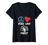 Damen Peace Love Forest Adventure Wandern Wald T-Shirt mit V-Ausschnitt