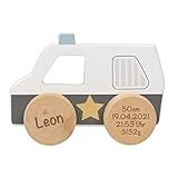 Personalisiertes Baby-Geschenk Geburtsgeschenk Geschenke zur Geburt mit Name Geburtsdatum Lasergravur Junge Mädchen | Tryco | Kinder Spielzeug Holzauto Lasergravur Polizeiauto