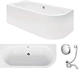 VBChome Badewanne 180x80 cm Acryl SET Schürze Siphon Wanne Ecke Eckbadewanne Weiß Design Modern Ablaufgarnitur in Chrom Viega Simplex für 2 Personen links