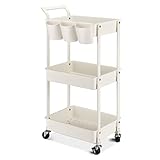 Küchenwagen 3 Etagen, Servierwagen Utility Cart mit Rollen, Wagen mit 3 Rollregal, Mehrzweckwagen für Küche Make-up Badezimmer Büro, Weiß