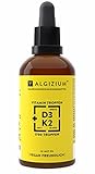 Hochdosierte vegane Vitamin D3 & K2 Tropfen - Vitamin D3 1000IU & Vitamin K2 20mcg pro Tropfen - 1+ Jahrespackung für gesunde Knochen, Zähne und Muskeln - hergestellt von Algizium in der EU