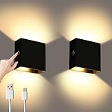 Lightess 2Pcs LED Wandleuchten Innen, Batteriebetrieben, Dimmbare Wandleuchte mit Touch Control, Wiederaufladbar USB, Warmweiß, Up Down Wandlampe Akku Wandleuchten für Schlafzimmer Wohnzimmer, Schwarz