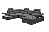 Kabs Polsterwelt Wohnlandschaft Jakarta III dunkelgrau Ottomane Links U-Form mit Schlaffunktion 324 x 107 x 170 cm - Moderne Couch mit Bettkasten, verstellbaren Armlehnen & Kopfstützen Rücken echt