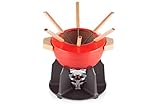 Le Creuset Gusseisen Fondue-Set, Inkl. 2 Holzgriffen, Spritzschutz, Rechaud und 6 Fonduegabeln, 2,0 L Volumen, Kirschrot