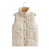 LeDiYouGou Damen Daunenweste Leichte,Meine Damen Weste Winter Warm Baumwolle Weste Puffer Mantel- Mit Knöpfen Taschen Freizeit Für Aktivitäten Im Freien Klettern Wandern Büro Home Beige M