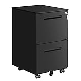 SONGMICS Rollcontainer, mobiler Aktenschrank mit 2 Schubladen, abschließbar, für Bürodokumente, vormontiert, 39 x 45 x 69,5 cm (L x B x H), Mattschwarz OFC52BK