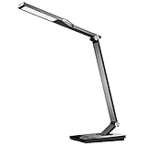 Schreibtischlampe LED, Metall 5 Farbtemperaturen 6 Helligkeiten Tischlampe, Dimmbar Tischleuchte, Augenschutz Tageslicht mit Nachtlicht, USB-Aufladung, Alulegierung, Lesen, Grau