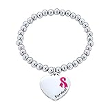 Bling Jewelry Herz-Form-Charme pre-Gravur Sagen Nachricht rosa Band Brustkrebs Überlebende Stretch Perle Armband für Frauen Silber Ton Edelstahl