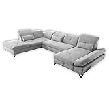 MELFI Wohnlandschaft in U-Form, Stoffbezug Silber - Ausziehbares Sofa mit Schlaffunktion & Bettkasten - 350 x 73 (96) x 245 cm (B/H/T)