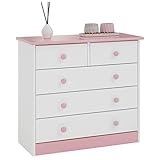 IDIMEX Kommode Rondo, schöne Anrichte mit 5 Schubladen, praktisches Sideboard aus massiver Kiefer in weiß/rosa, Zeitlose Schubladenkommode mit Holzgriffe