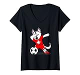 Damen Dabbing Husky Schweiz Fußball Fan-Trikot Schweizer Fußball T-Shirt mit V-Ausschnitt