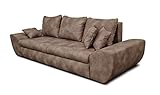 Big Sofa in grau-braun, Schlaffunktion, Bettkasten, Vintage Look, Microfaser | XXL Couch inkl. 3 extragroßen Rücken-Kissen und hochwertiger Federung