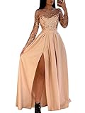 Tomwell Damen Hochzeitskleid Elegante Lang Tüll Formellen Abendkleid Ballkleid Festkleider A-Linie Rundhals Brautkleider Schlitz Maxikleid A Aprikose XL