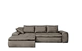 Ecksofa mit Schlaffunktion und Bettkasten in Hell-Grau | Gemütliches Mikrofaser L-Sofa im Vintage-Look mit Stauraum inkl. 4 Rückenkissen