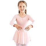 Kinder Ballettkleidung Mädchen Ballettkleid Langarm Balletttrikot Ballettanzug Tanzkleid Tanzbody aus Baumwolle mit Chiffon Rock Tütü Rosa 130