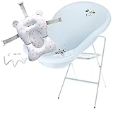 Primabobo Babypflegeset Bade-Set für Baby von 0 bis 12 Monate 4-teiliges Set mit Baby-Badewanne mit Gestell Ablaufschlauch Thermometer Badekissen Mickey Maus (Blau)