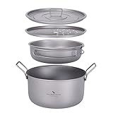 iBasingo Titan 1900ml Topf & 900ml Pan Camping Kochgeschirr Set Dampfgarer Topf Bratpfannen Set mit Deckel Outdoor Indoor Wok Tee Tablett Stielkasserolle Leichtes Tragbar Kochset Ti2057C