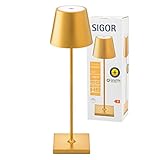 SIGOR Nuindie - Dimmbare LED Akku-Tischlampe Indoor & Outdoor, Höhe 38 cm, aufladbar mit Easy-Connect, 24 h Leuchtdauer, Gold-eloxiert