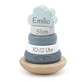 Babygeschenk zum 1. Geburtstag & Geburt Junge - Holzspielzeug Ring-Stapelturm personalisiert Mint Grün | Label-Label | Personalisiert mit Geburtsdaten und Namen