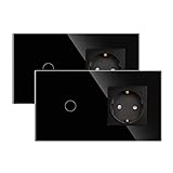 JIMEIDA 2 Pack Steckdose mit Lichtschalter Schwarz, Glas Touch Lichtschalter mit Schuko Steckdose Unterputz, 1-Fach 1-Poliger Wandschalter mit Status-LED, 500 W/Fach