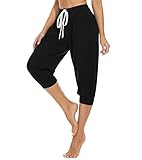 HAPYWER Haremshose Damen Kurz Baumwolle Yogahose High Waist Capri Sommerhose 3/4 Leicht Jogginghose Pumphose Aladinhose Weit Bund für Pilates Yoga S-2XL(Schwarz,XXL)