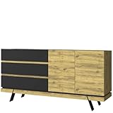 OKL modernes Sideboard Star 180cm 2 Türen und 3 Schubladen offen Kommode für Wohnzimmer und Schlafzimmer Anrichte Eiche Schwarz