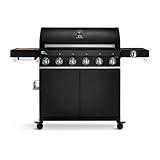 6-Brenner Gasgrill Fat FRED Black Series, inkl. zwei 900°C Infrarot Keramikbrenner und Seitenbrenner, 24kW Grillwagen mit klappbaren Seitentischen, Gusseisen-Grillrost, Piezozündung inkl. Abdeckhaube