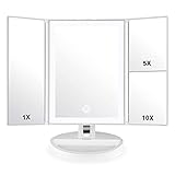 Auxmir Miroir de Maquillage Lumineux LED 3 Faces 1X / 5X / 10X Grossissement Pliable avec Plateau de Rangement, Écran Tactile, Luminosité Variable, Blanc