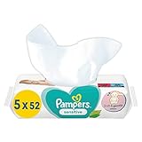 Pampers Sensitive Baby Feuchttücher, 260 Tücher (5 x 52) ohne Duft, für eine sanfte und weiche Reinigung