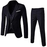 Generic Herren 3 Teilig Anzug 2-Knopf Slim Fit Anzüge Einreiher Sakko Weste Hose für Business Hochzeit, Schwarz, L