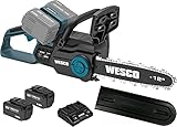 WESCO Akku Kettensäge Elektrokettensäge Doppel-Akku-Kettensäge Handkettensäge Elektro Säge Chainsaw 36V + 2 Akkus Ladegerät 30cm Schwertlänge Gärten Bäume Äste Stämme fällen kabellos Rückschlagschutz