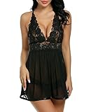 ADOME Spitze Negligee V-Ausschnitt Babydoll Lingerie Öffnen Zurück Nachtwäsche Kleid Dessous Unterwäsche für Damen mit Panties , farbe - A-Schwarz , Gr. EU L