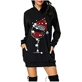 Generic Hoodie Kleid Damen Mit Kapuze Baumwolle Langarm Oversize Weihnachten Rotweinglas Muster Santa Weihnachtspullover Komfortabel Minikleid Winter Pulli Partykleid Faschingskleid