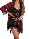 DIDK Damen 3 Stücke Sets Morgenmantel Kimono Dessous Set Satin 3-teiliges Set Spitze Robe BH und Unterhose für Braut Nachtwäsche Sexy Babydoll Reizwäsche Rot-violett S