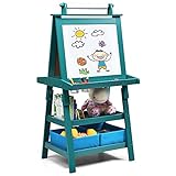 LIFEZEAL 3 in 1 Kindertafel, Staffelei Kinder mit Doppelseitiger Tafel, Standtafel mit 2 Ablageebenen, Whiteboard & Kreidtafel & Papierrolle, Maltafel mit 2 Aufbewahrungsboxen, Magnettisch (Blau)