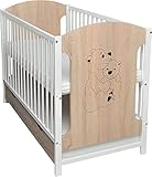 Dedstore-Baby Gitterbett Babybett Kinderbett 120x60 Sonoma Weiß mit Bärchen Motiv inkl. Schublade mit Abdeckung und Matratze