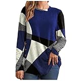 Shirt Damen Baumwoll Klassische T-Shirts übergröße Patchwork mit Tiefem Ausschnitt Winter Geburtsta T Shirt Frauen Weich Geometrisch Tailliert Weite Ärmel Blau