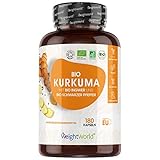 BIO Kurkuma Kapseln - BIO Schwarzer Pfeffer & BIO Ingwer - 4320mg Kurkuma Pulver - 180 vegane Kapseln Curcuma Longa - Hohe Bioverfügbarkeit Piperin - Vegan & Zertifizierte Inhaltsstoffe - WeightWorld