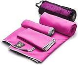 OlimpiaFit Mikrofaser Handtuch Set - 3 saugfähige Handtücher mit Netztasche - Schnelltrocknend, Ultra leicht & kompakt - Camping, Sport, Strand (Pink)