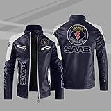 CCERES Herren Motorradjacke Mäntel Für SAAB PU-Leder Farbblockierung Oberbekleidung Oberteile Stehkragen Motorrad-Rennanzug Ohne Kapuze Slim Fit Radtrikot- Dark Blue||5XL