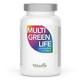 Vitactiv MULTI GREEN LIFE - Green Food Multivitamin Präparat - Natur Komplex 100 Nährstoffe - Vitamin C, D, E, B Vitamine - Mineralien, Enzyme, Omega3, Vitalpilze, Probiotika, Superfood - 90 Kapseln