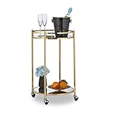 Relaxdays Servierwagen rund, Barwagen mit 2 Etagen, Stahl, verspiegelte Ablagen, Teewagen mit Rollen, 75 x 50 cm, gold