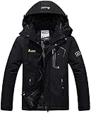 Memoryee Herren Ski Jacke Warmer Gefüttert Winter Fleece Mantel Wasserdichter mit Abnehmbarer Kapuze Outdoorjacke/Black/M