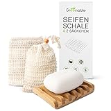 Greenable ® Seifenschale & 2 Seifensäckchen – Abtropfschale aus Bambus mit Schnell-Trocken-Effekt – Säckchen aus Sisal mit Peeling-Effekt – 100% BPA-frei – Veganes & nachhaltiges Seifen-Set